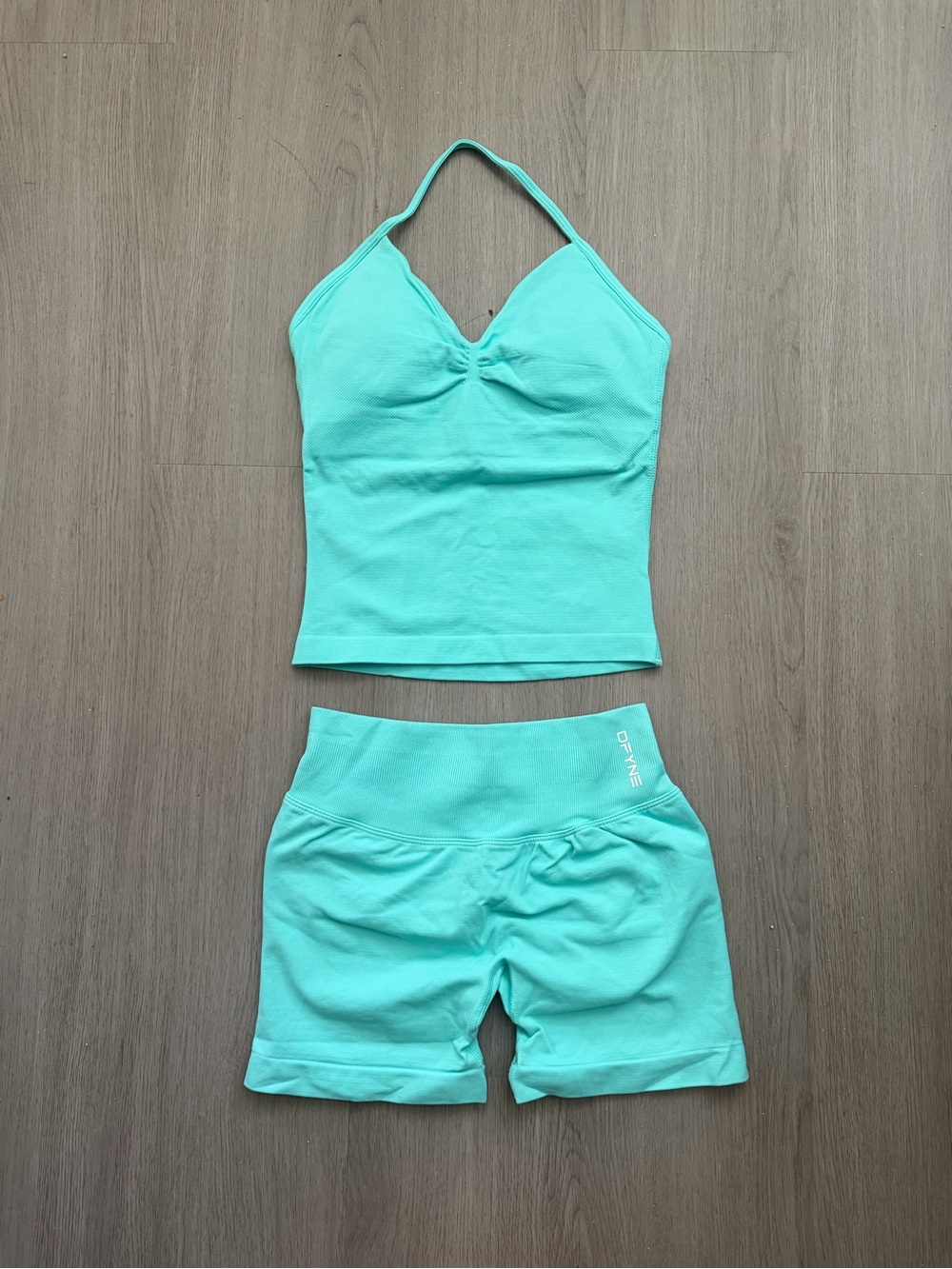DFYNE mint/teal impact strappy longline top and short set